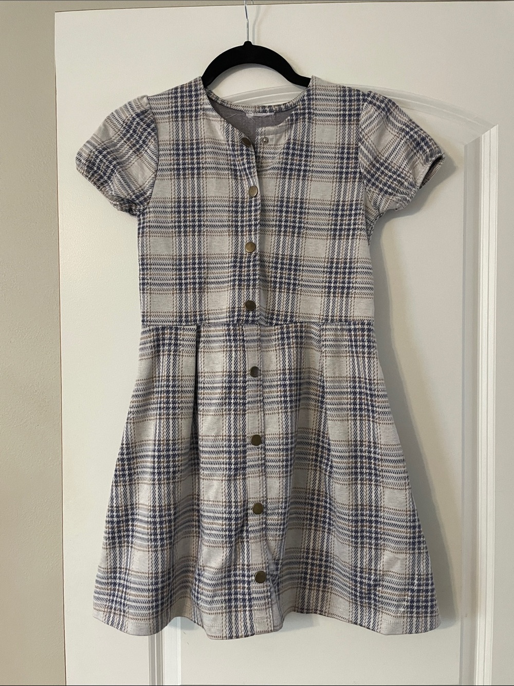 Girls Plaid Button-Front Dress in Navy and Gray